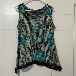 New Directions Blue Floral Striped Tank Top